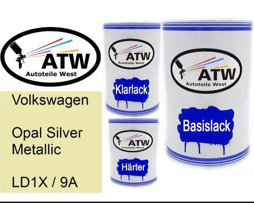 Volkswagen, Opal Silver Metallic, LD1X / 9A: 500ml Lackdose + 500ml Klarlack + 250ml Härter - Set, von ATW Autoteile West.